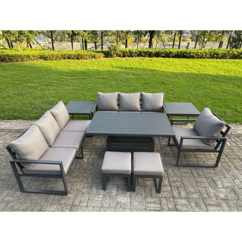 Fimous Aluminium Garden Furniture Sets,9 Seater Outdoor Sofa Dining Set with Adjustable Rising Lifting Dining Table Side Table 2 Small Footstools for Yard,Poolside, Patio, Dark Grey