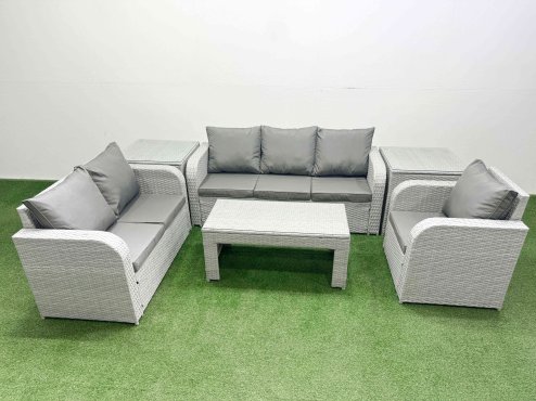 Fimous Patio PE Wicker 6 Seater Outdoor Rattan Furniture Sofa Sets with Oblong Coffee Table Reclining Chair Loveseat Sofa 3 Seater Sofa 2 Side Table Light Grey