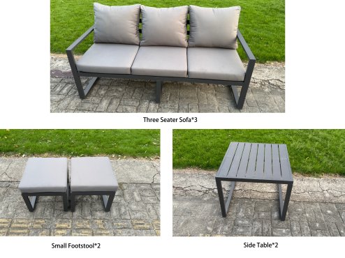 Fimous U-shaped Garden Furniture Set 11-Seater Aluminium Outdoor Dining Set with Adjustable Rising Lifting Dining Table Side Table 2 Small Footstools Dark Grey