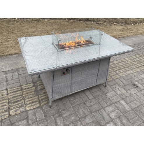 Fimous Light Grey Rattan Gas Fire Pit Garden Furniture Dining Table Set Heater Burner Chairs Lounge Sofa Set Arm Chairs
