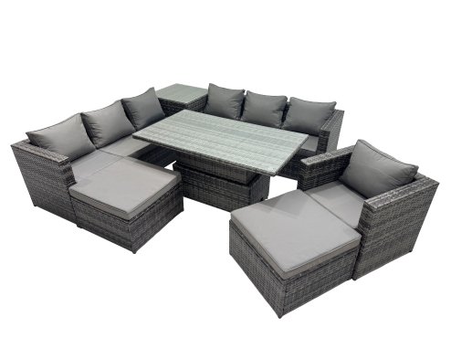 Fimous 9 Seater Outdoor Corner Sofa Height Adjustable Rising Lifting Table Set Garden Rattan Furniture Set with Side Table 2 Big Stool Dark Grey