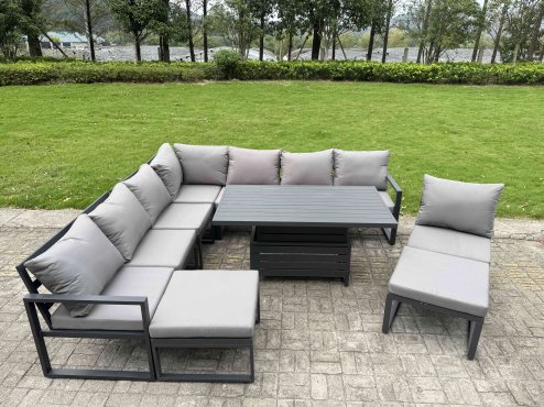 Fimous 8 Pieces Aluminium Garden Furniture Set with Cushions, Patio Furniture Set with Adjustable Rising Lifting Dining Table Big Footstool Dark Grey