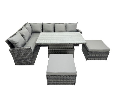 Fimous Poly Rattan Outdoor Patio Height Adjustable Rising Lifting Table Corner Sofa Set with 2 Big Stool for Garden Backyard Dark Grey Mixed