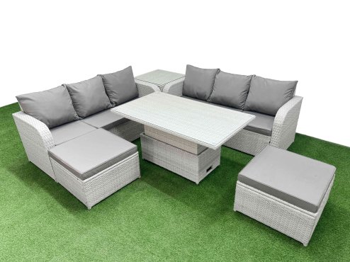 Fimous Outdoor Garden Furniture Sets 8 Seater Wicker Rattan Furniture Sofa Sets with Adjustable Lifting Dining or Coffee Table high Back Lounge Sofa 2 Big Footstool Side Table Light Grey