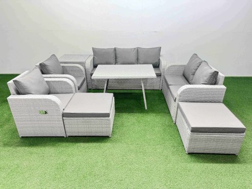 Fimous PE Rattan Garden Furniture Set Outdoor Rectangular Dining Table Sofa Set with Reclining Chair 2 Big Stool Side Table Light Grey
