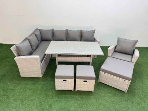 Fimous 10 Seater Rattan Garden Furniture Set Outdoor Patio Dining Corner Sofa Sets with Dining Table Chair 3 Footstools Light Grey Mixed