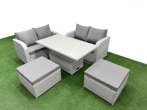 Fimous 6 Seater Outdoor Love Sofa Set Rattan Garden Furniture Set with Adjustable Lifting Dining or Coffee Table 2 Footstool Light Grey