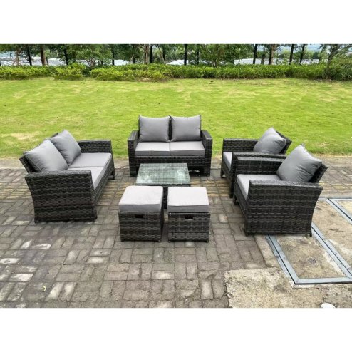 Fimous 8 Seater Dark Grey Mixed High Back Rattan Sofa Set Square Coffee Table Garden Furniture 2 Seater Sofa Chairs Outdoor Patio Stools