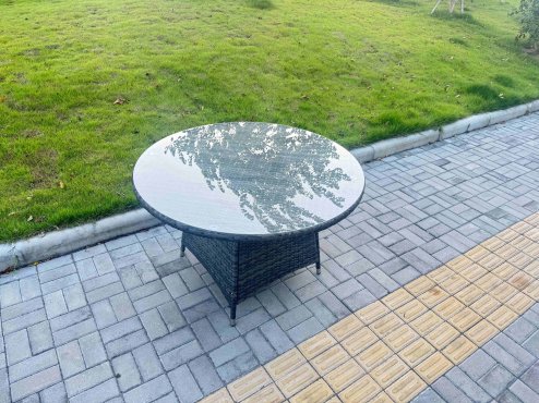 Fimous 7-Piece PE Rattan Garden Furniture 6 Seater Garden Big Round Table and Chairs for Patio Dark Grey Mixed