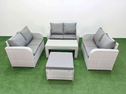 Fimous 7 Seater PE Wicker Rattan Furniture Sofa Sets with Oblong Coffee Table 2 Seater Love Sofa Big Footstool Light Grey
