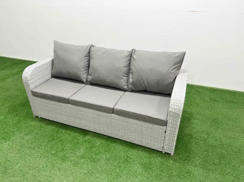 Fimous PE Rattan Garden Furniture Set Reclining Chair Sofa Double Love Seat 2 Seater Sofa Lounge Set Firepit Dining Table Big Footstool 2 Side Table Light Grey