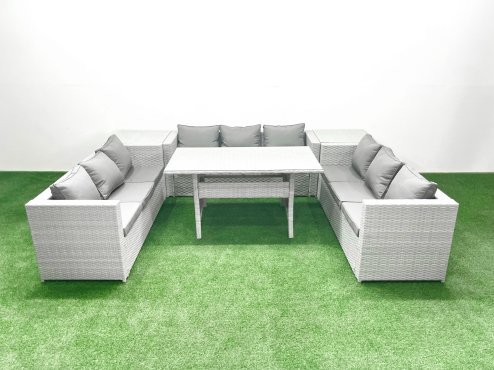 Fimous Rattan Garden Outdoor Furniture Set 9 Seater Garden Sofa Rectangulr Dining Table Set with 2 Side Tables Light Grey Mixed