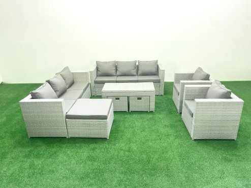 Fimous Outdoor Garden Furniture Rattan Sofa Set with 2 Armchairs Oblong Coffee Table 3 Footstools Light Grey Mixed