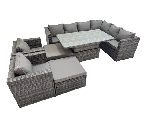 Fimous 10 Seater Rattan Height Adjustable Rising Lifting Table Corner Sofa Sets with 2 Chairs 2 Big Stools Dark Grey Mixed