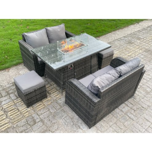 Fimous Rattan Outdoor Furniture Gas Fire Pit Rectangle Dining Table Gas Heater Love Sofa Small Footstools Sets 6 Seater