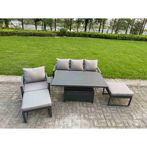 Fimous Aluminum Outdoor Dining Set Patio Dining Furniture Set Includes Adjustable Rising Lifting Dining Table Chairs with 3 Footstools 2 Side Tables