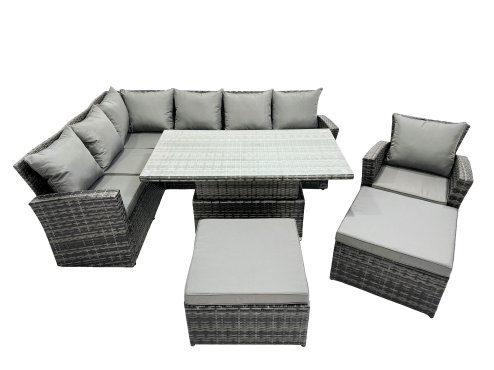 Fimous Poly Rattan Outdoor Patio Height Adjustable Rising Lifting Table Corner Sofa Set with 2 Big Stool,Chair for Garden Backyard Dark Grey Mixed