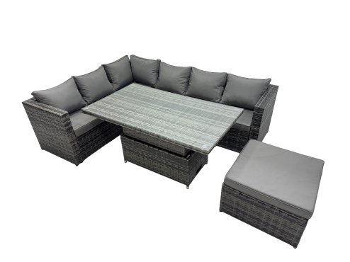 Fimous 7-seater Height Adjustable Rising Lifting Table Corner Sofa Set Rattan Garden Furniture Dining Set with Big Stool Dark Grey Mixed