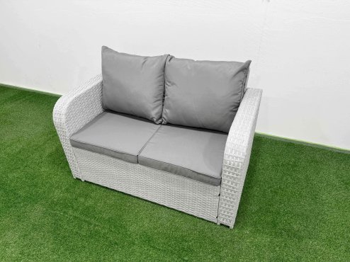 Fimous 8 Seater PE Wicker Rattan Furniture Sofa Sets with Rectangular Coffee Table 2 Seater Love Sofa 2 Big Footstool 2 Side Table Light Grey