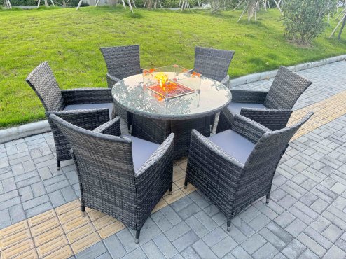 Fimous 7-Piece PE Rattan Garden Furniture with Big Round Gas Firepit Table and 6 Chairs for Patio Dark Grey Mixed