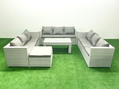Fimous Rattan Garden Outdoor Furniture Set 10 Seater Garden Sofa Oblong Coffee Table Set with Big Footstool Light Grey Mixed