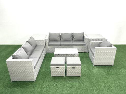 Fimous Wicker PE Rattan Sofa Garden Furniture Set with Armchair Oblong Coffee Table 2 Small Footstools 2 Side Tables Light Grey Mixed