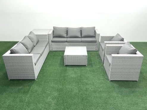 Fimous Outdoor Rattan Sofa Garden Furniture Set with 2 Armchairs Square Coffee Table Side Table Light Grey Mixed