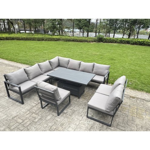 Fimous 11 Pieces Aluminium Garden Furniture Set with Cushions, Patio Furniture Set with Adjustable Rising Lifting Dining Table 3 Footstools Dark Grey