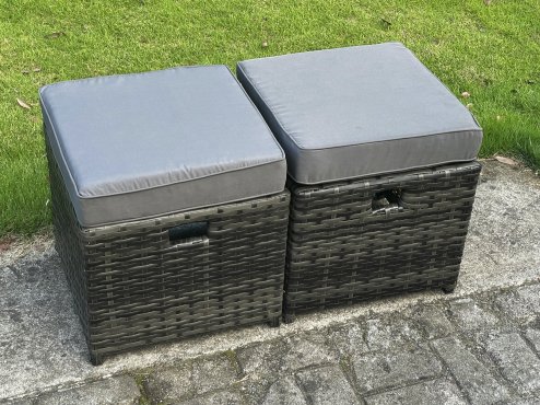 Fimous 7 PCS Outdoor Lounge Sofa Set Wicker PE Rattan Garden Furniture Set with Rectangular Dining Table Love Seat Sofa Side Table 2 Small Footstools Dark Grey Mixed