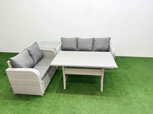 Fimous 5 Seater PE Rattan Wicker Garden Furniture Patio Conservatory Sofa Set with Rectangular Dining Table 3 Seater Sofa Love Sofa Side Table