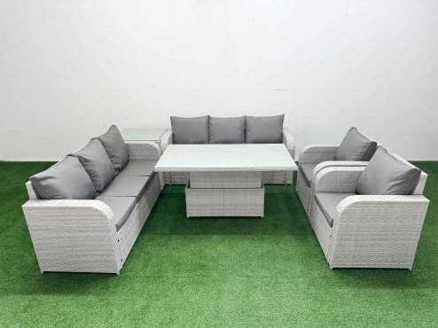 Fimous PE Rattan High Back Lounge Sofa Set Patio Adjustable Lifting Dining or Coffee Table & Chairs Set with 3 Seater Sofa Reclining Chair Side Table Light Grey