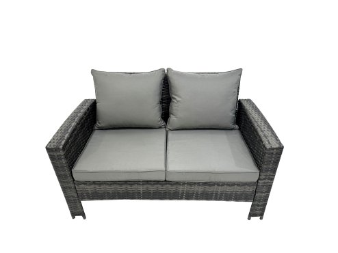 Fimous 6 Seater Wicker PE Rattan Furniture Outdoor Dining Table Double Seat Sofa 2 Side Table 2 Big Stools Set Dark Grey Mixed
