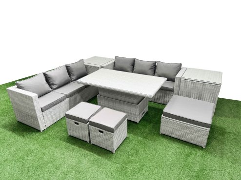 Fimous 8 PCs Rising Dining Table Set Rattan Furniture Set with 3 Seater Sofa 3 Footstools 2 Side Tables Light Grey