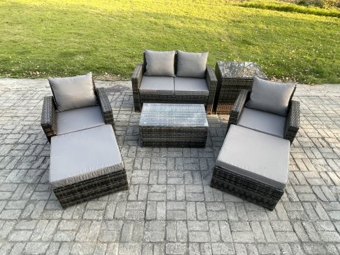 Fimous 6 Seater Dark Grey Outdoor Rattan Garden Furniture Set Patio Lounge Sofa Rectangular Coffee Table with Side Table 2 Big Footstool