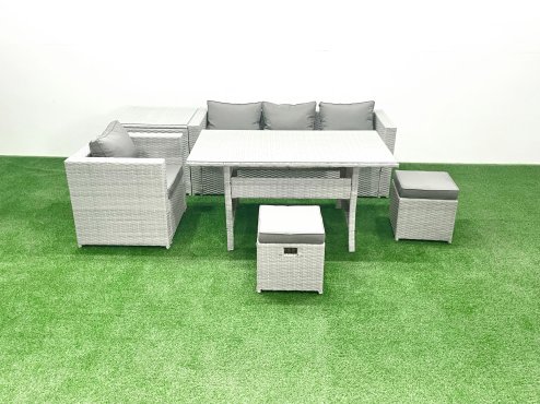 Fimous Rattan Garden Furniture Dining Set 6 Seater Lounge Sofa Chair Dining Table Set with 2 Small Footstools Side Table Light Grey Mixed