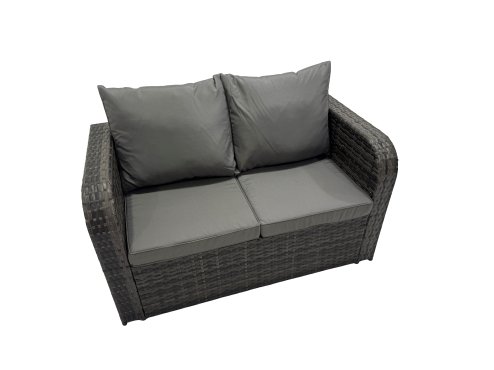 Fimous Outdoor Love Sofa 3 Seater Sofa Coffee Table Set Garden Rattan Furniture Set 7 Seater with 2 Side Tables 2 Big Stool Dark Grey