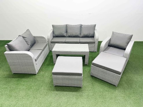 Fimous Patio PE Wicker 8 Seater Outdoor Rattan Furniture Sofa Sets with Oblong Coffee Table Reclining Chair Loveseat Sofa 3 Seater Sofa 2 Big Footstools Light Grey