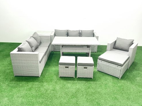 Fimous 8 Pieces Outdoor Rattan Sofa Set with Cushions Patio Garden Furniture Sets with Armchair Dining Table Side Table 3 Footstools