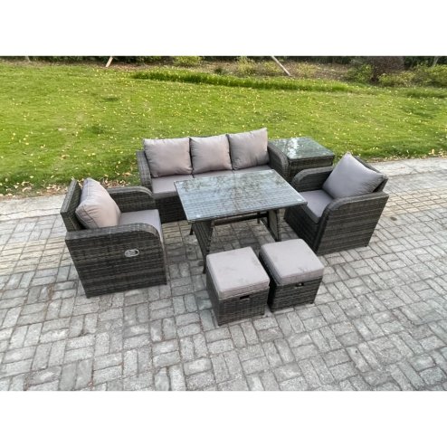 Fimous Rattan Wicker Garden Furniture Patio Conservatory Sofa Set with Rectangular Dining Table Reclining Chair 3 Seater Sofa 2 Small Footstools Side Table