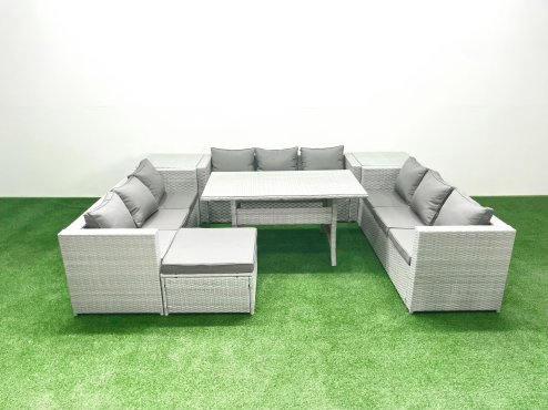 Fimous Rattan Garden Outdoor Furniture Set 10 Seater Garden Sofa Rectangulr Dining Table Set with Big Footstool 2 Side Tables Light Grey Mixed
