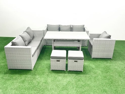 Fimous 6 Pieces Outdoor Rattan Sofa Set with Cushions Patio Garden Furniture Sets with Armchair Dining Table 2 Small Footstools