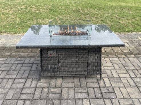 Fimous 6 Seater Rattan Garden Furniture Set Outdoor Lounge Sofa Chair Gas Fire Pit Dining Table Set With 2 Big Footstool Double Seat Sofa Side Table