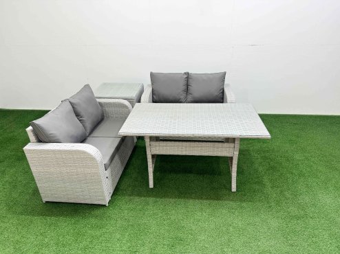 Fimous 4 Seater Outdoor Love Sofa Set Rattan Garden Furniture Set with Rectangular Dining Table Side Table Light Grey