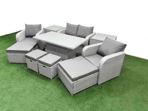 Fimous 10 PCs Rising Dining Table Set Reclining Chair Inclining Love Sofa Seat 2 Big Footstool 2 Small Stool 2 Side Table Light Grey