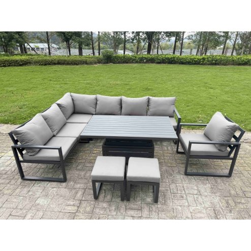 Fimous 6 Pieces Aluminium Garden Furniture Sets with Adjustable Rising Lifting Dining Table 7 Seater Corner Sofa Set Dark Grey