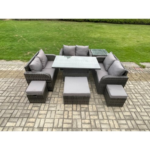 Fimous Rattan Garden Outdoor Furniture 3 PC Love Sofa Set Adjustable Rising lifting Dining Table With Side Table 3 Footstools