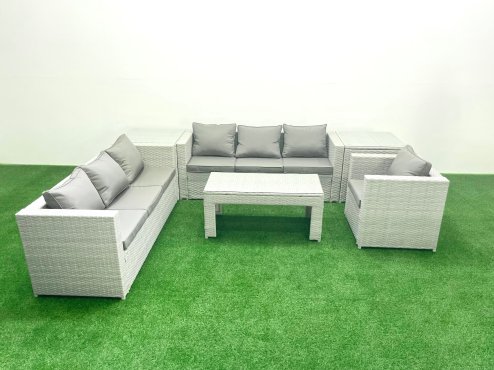 Fimous Wicker PE Rattan Sofa Garden Furniture Set with Oblong Coffee Table Armchair 2 Side Tables Light Grey Mixed