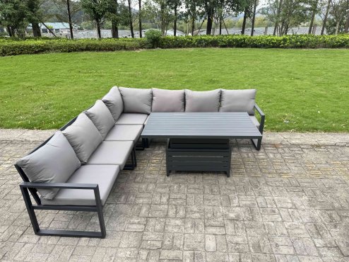 Fimous Aluminium Adjustable Rising Lifting Dining Table Sofa Set 12 Seat Aluminium Garden Furniture Sets with 3 Footstools 3 Chairs Dark Grey