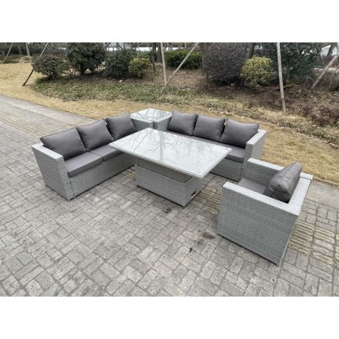 Fimous Rattan Garden Funiture Set Adjustable Rising Lifting Table Sofa Dining Set With Arm Chair And Side Table