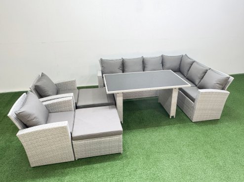 Fimous Outdoor Garden Furniture Sets 10 Seater Wicker Rattan Corner Sofa Sets with Rectangular Dining Table Lounge Sofa 2 Big Footstools Light Grey